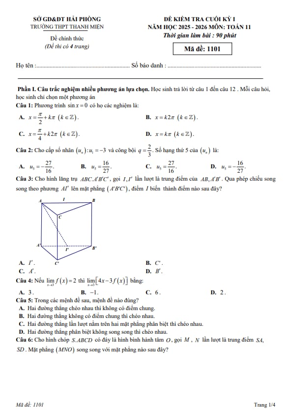 đề cuối kỳ 1 toán 11 năm 2025 – 2026 trường thpt thanh miện – hải phòng