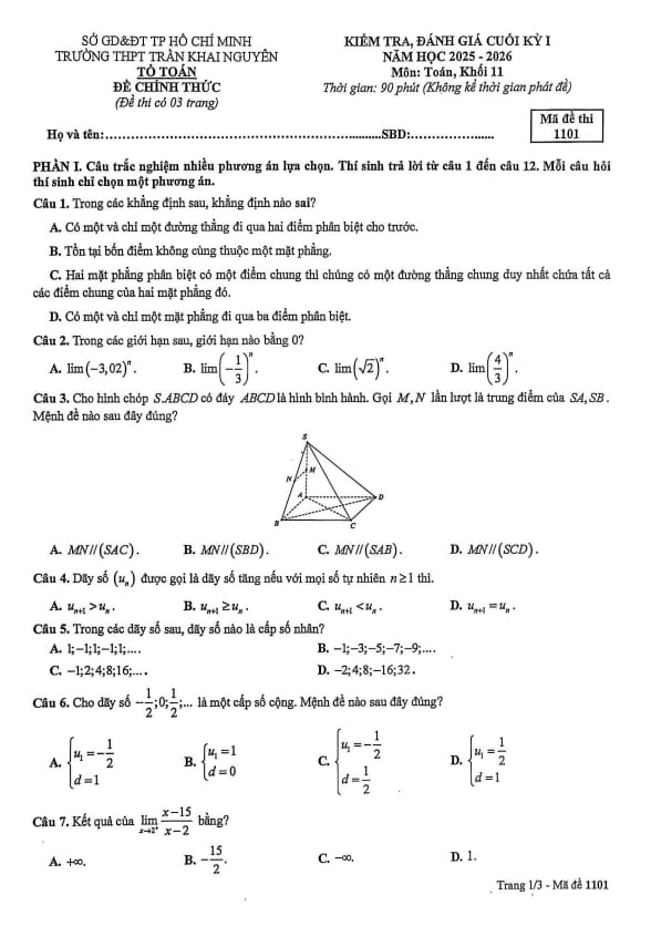 đề cuối kỳ 1 toán 11 năm 2025 – 2026 trường thpt trần khai nguyên – tp hcm