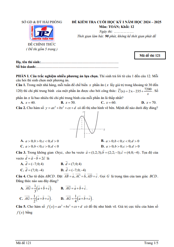 đề cuối kỳ 1 toán 12 năm 2024 – 2025 trường thpt chuyên trần phú – hải phòng