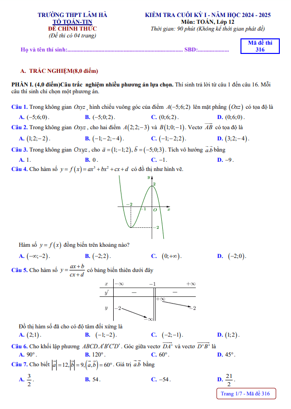 đề cuối kỳ 1 toán 12 năm 2024 – 2025 trường thpt lâm hà – lâm đồng