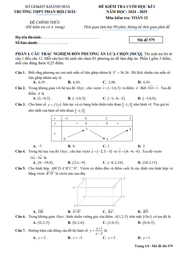 đề cuối kỳ 1 toán 12 năm 2024 – 2025 trường thpt phan bội châu – khánh hòa