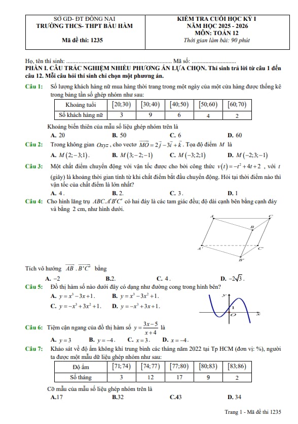 Tài liệu đề cuối kỳ 1 toán 12 năm 2025 – 2026 trường thcs-thpt bàu hàm – đồng nai