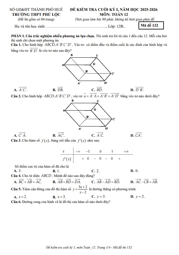 Tài liệu đề cuối kỳ 1 toán 12 năm 2025 – 2026 trường thpt phú lộc – huế