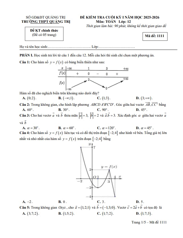 đề cuối kỳ 1 toán 12 năm 2025 – 2026 trường thpt quảng trị – quảng trị