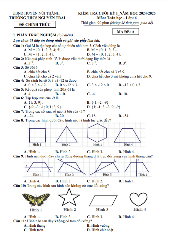 đề cuối kỳ 1 toán 6 năm 2024 – 2025 trường thcs nguyễn trãi – quảng nam
