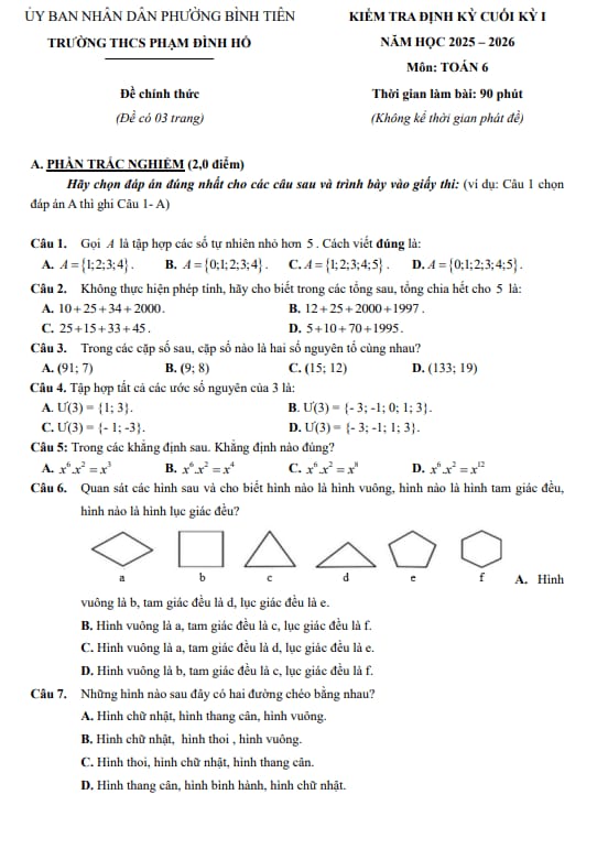 đề cuối kỳ 1 toán 6 năm 2025 – 2026 trường thcs phạm đình hổ – tp hcm