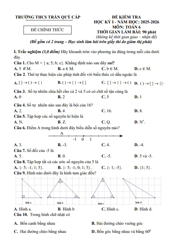 đề cuối kỳ 1 toán 6 năm 2025 – 2026 trường thcs trần quý cáp – đà nẵng