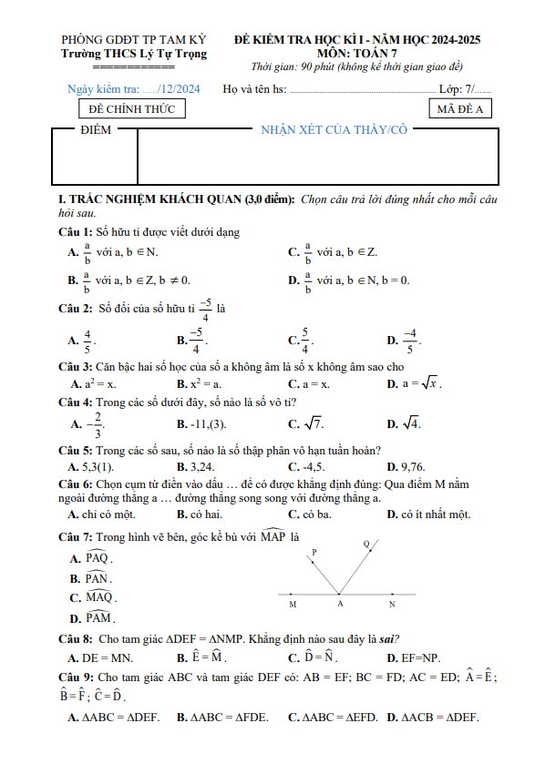 đề cuối kỳ 1 toán 7 năm 2024 – 2025 trường thcs lý tự trọng – quảng nam
