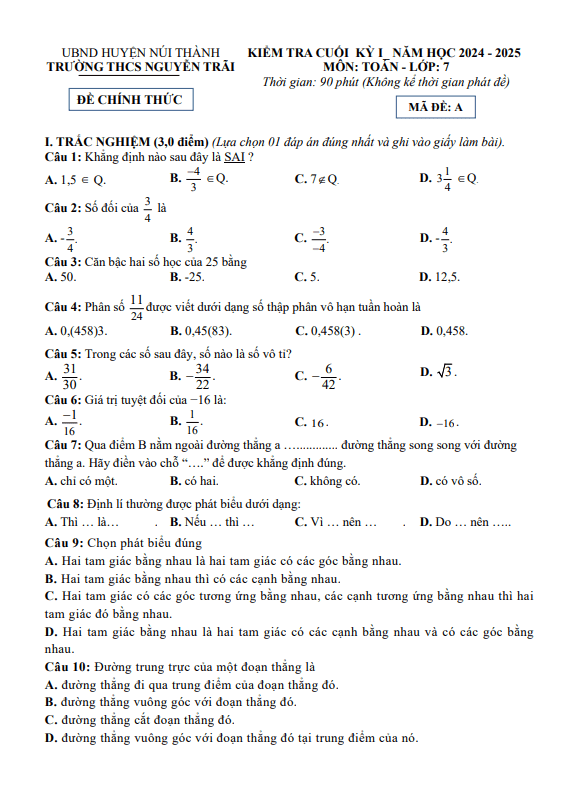 đề cuối kỳ 1 toán 7 năm 2024 – 2025 trường thcs nguyễn trãi – quảng nam