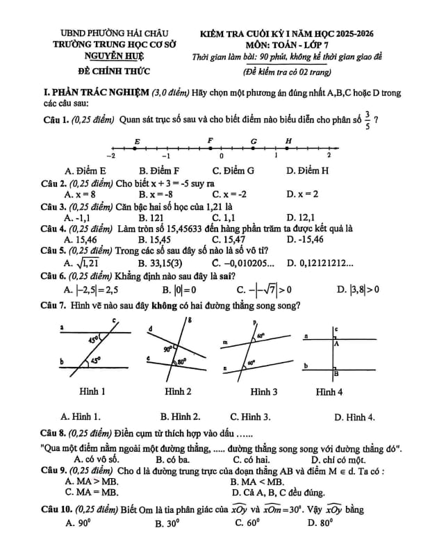 đề cuối kỳ 1 toán 7 năm 2025 – 2026 trường thcs nguyễn huệ – đà nẵng