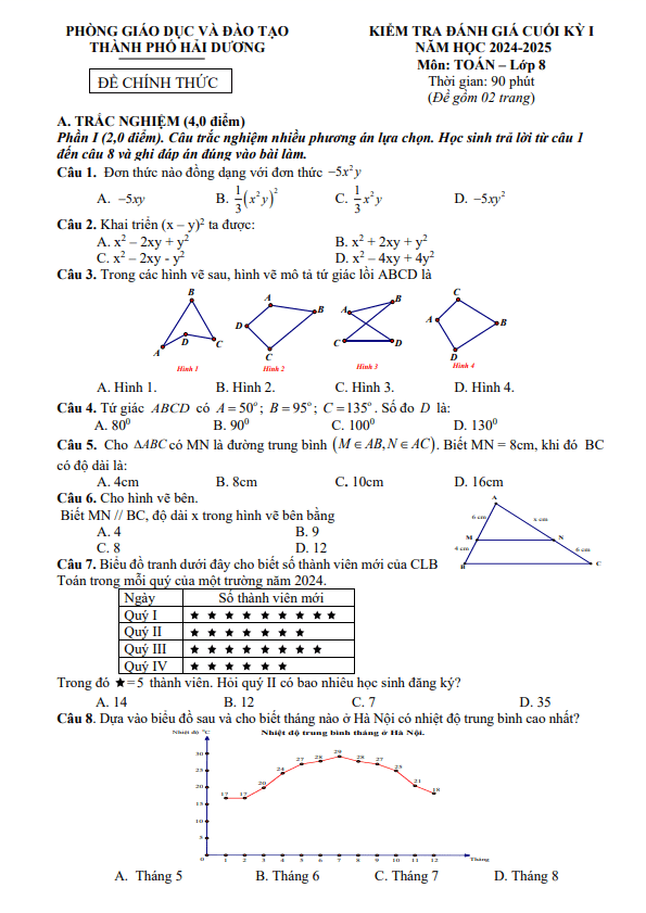 đề cuối kỳ 1 toán 8 năm 2024 – 2025 phòng gd&đt tp hải dương