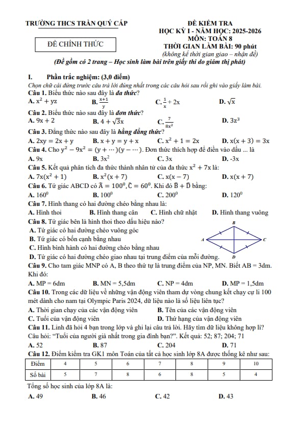 đề cuối kỳ 1 toán 8 năm 2025 – 2026 trường thcs trần quý cáp – đà nẵng
