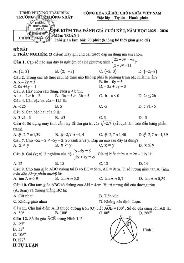 đề cuối kỳ 1 toán 9 năm 2025 – 2026 trường thcs thống nhất – đồng nai