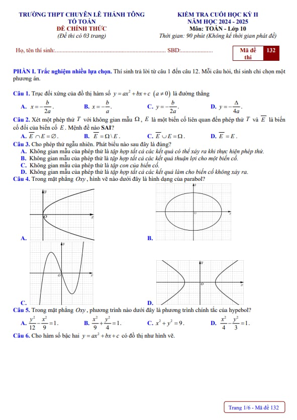 đề cuối kỳ 2 toán 10 năm 2024 – 2025 trường chuyên lê thánh tông – quảng nam