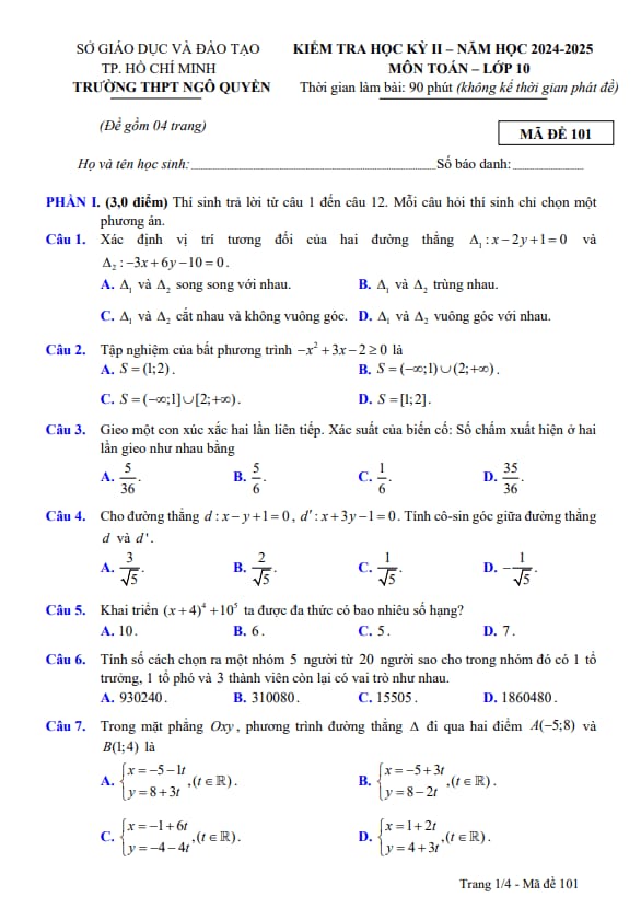 đề cuối kỳ 2 toán 10 năm 2024 – 2025 trường thpt ngô quyền – tp hcm