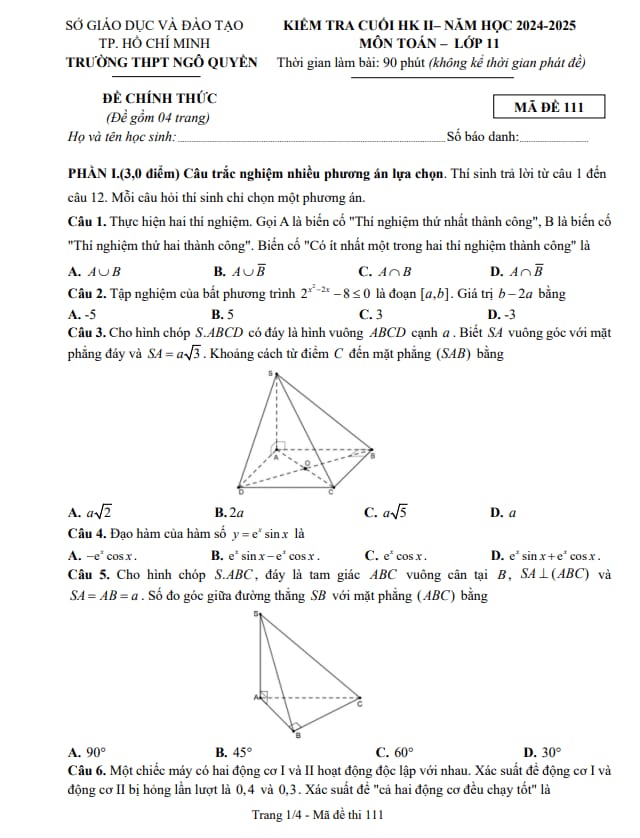 đề cuối kỳ 2 toán 11 năm 2024 – 2025 trường thpt ngô quyền – tp hcm