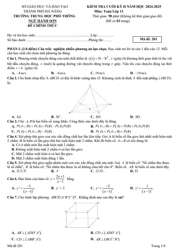 đề cuối kỳ 2 toán 11 năm 2024 – 2025 trường thpt ngũ hành sơn – đà nẵng