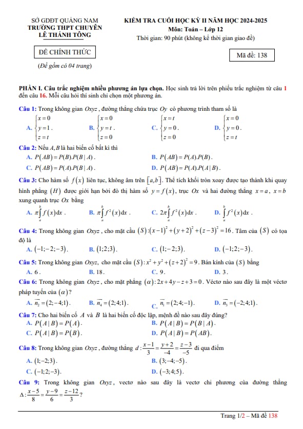 đề cuối kỳ 2 toán 12 năm 2024 – 2025 trường chuyên lê thánh tông – quảng nam