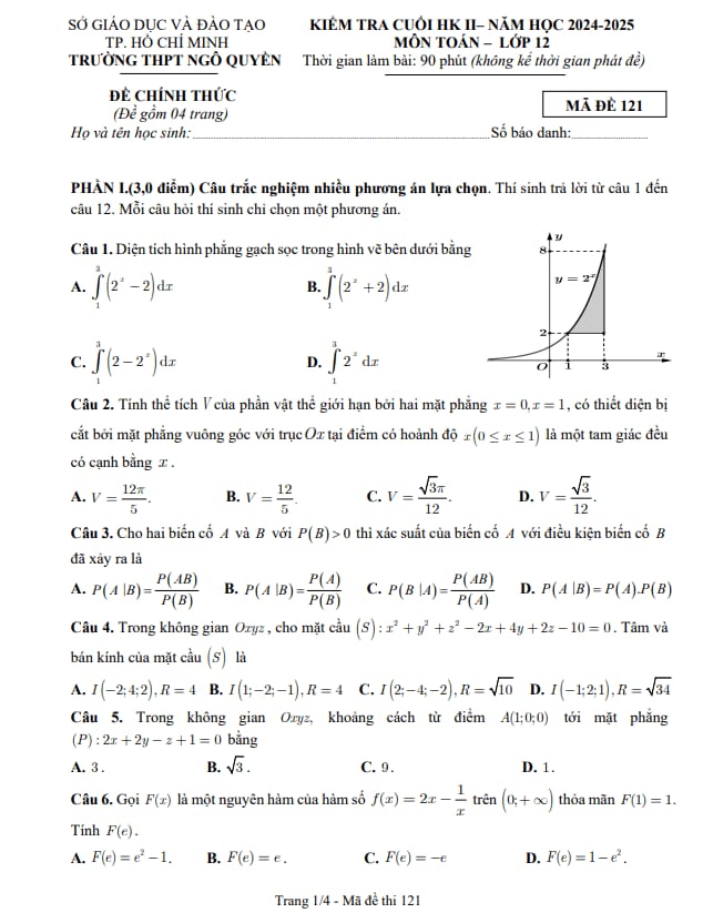 đề cuối kỳ 2 toán 12 năm 2024 – 2025 trường thpt ngô quyền – tp hcm