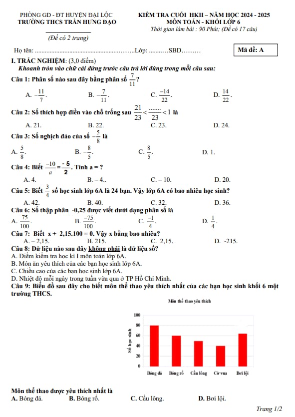 đề cuối kỳ 2 toán 6 năm 2024 – 2025 trường thcs trần hưng đạo – quảng nam