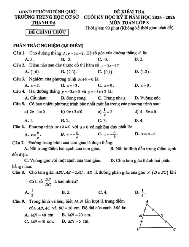 đề cuối kỳ 2 toán 8 năm 2025 – 2026 trường thcs thanh đa – tp hcm
