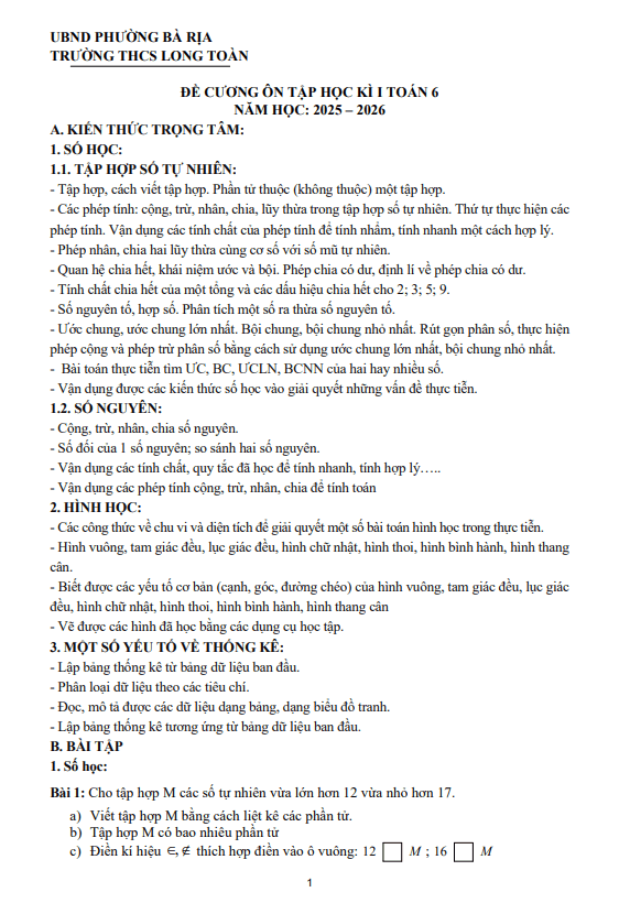 Tài liệu đề cương cuối học kì 1 toán 6 năm 2025 – 2026 trường thcs long toàn – tp hcm
