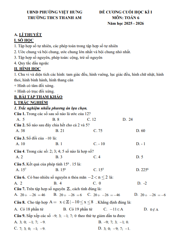 Tài liệu đề cương cuối học kì 1 toán 6 năm 2025 – 2026 trường thcs thanh am – hà nội