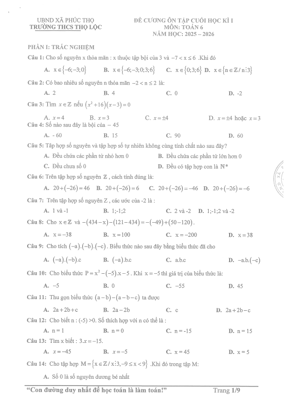 Tài liệu đề cương cuối học kì 1 toán 6 năm 2025 – 2026 trường thcs thọ lộc – hà nội