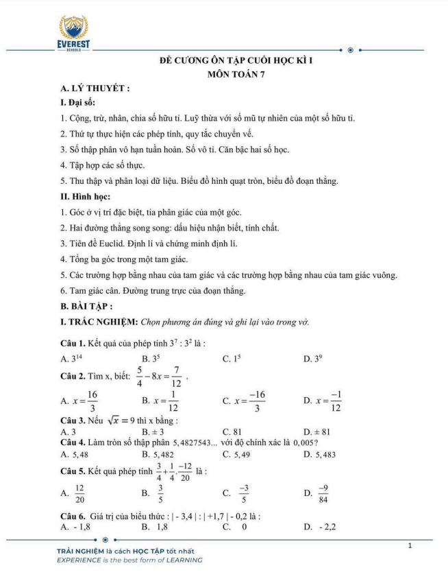 đề cương cuối học kì 1 toán 7 năm 2024 – 2025 trường everest schools – hà nội