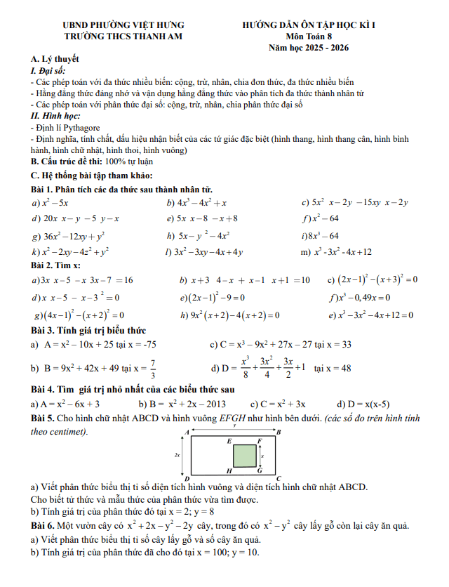 đề cương cuối học kì 1 toán 8 năm 2025 – 2026 trường thcs thanh am – hà nội