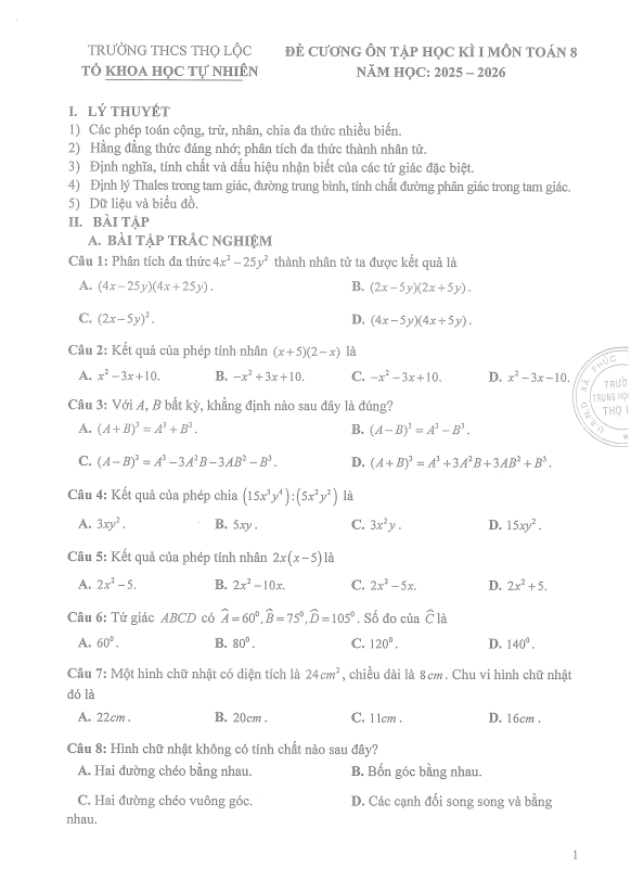 Tài liệu đề cương cuối học kì 1 toán 8 năm 2025 – 2026 trường thcs thọ lộc – hà nội