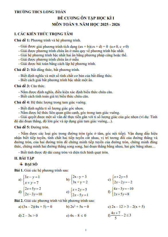 Tài liệu đề cương cuối học kì 1 toán 9 năm 2025 – 2026 trường thcs long toàn – tp hcm