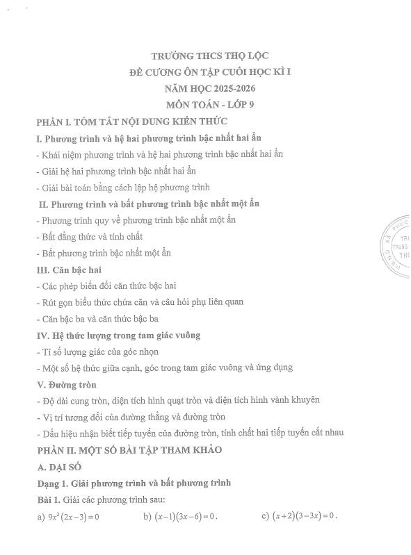 Tài liệu đề cương cuối học kì 1 toán 9 năm 2025 – 2026 trường thcs thọ lộc – hà nội