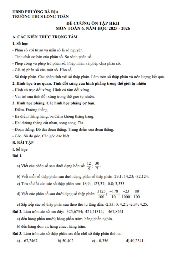 đề cương cuối học kì 2 toán 6 năm 2025 – 2026 trường thcs long toàn – tp hcm