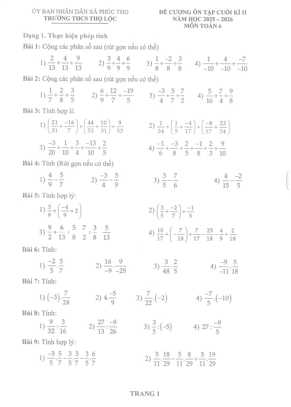 đề cương cuối học kì 2 toán 6 năm 2025 – 2026 trường thcs thọ lộc – hà nội