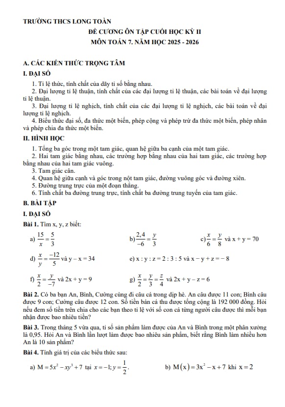 đề cương cuối học kì 2 toán 7 năm 2025 – 2026 trường thcs long toàn – tp hcm