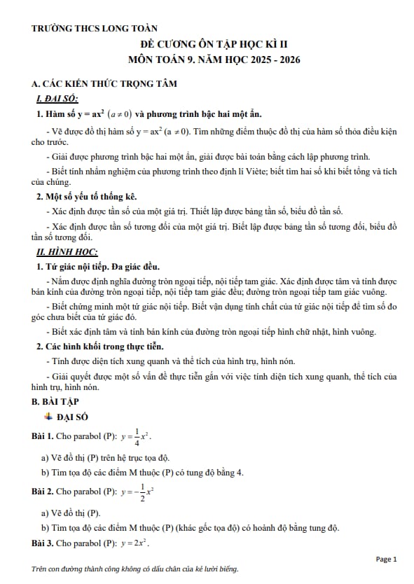 đề cương cuối học kì 2 toán 9 năm 2025 – 2026 trường thcs long toàn – tp hcm