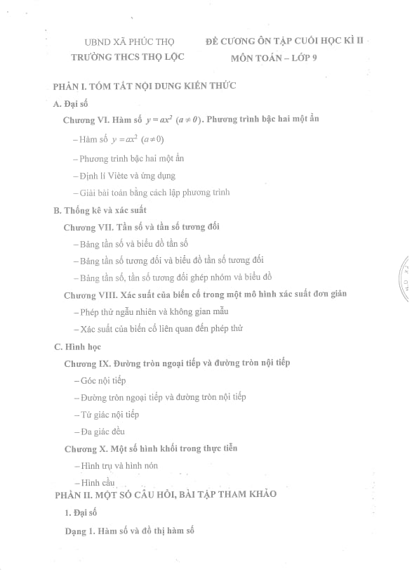 đề cương cuối học kì 2 toán 9 năm 2025 – 2026 trường thcs thọ lộc – hà nội
