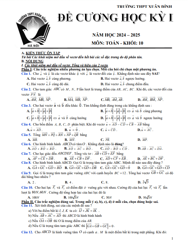 đề cương cuối học kỳ 1 toán 10 năm 2024 – 2025 trường thpt xuân đỉnh – hà nội