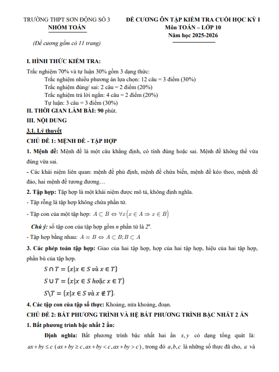 đề cương cuối học kỳ 1 toán 10 năm 2025 – 2026 trường thpt sơn động 3 – bắc ninh
