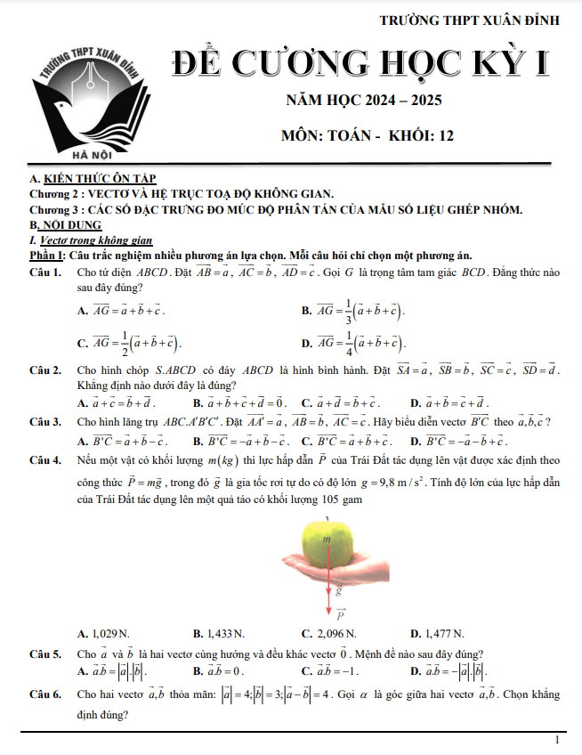 đề cương cuối học kỳ 1 toán 12 năm 2024 – 2025 trường thpt xuân đỉnh – hà nội