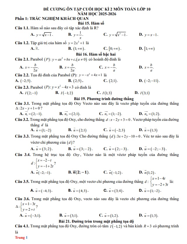 đề cương cuối học kỳ 2 toán 10 năm 2025 – 2026 trường thpt quế sơn – đà nẵng