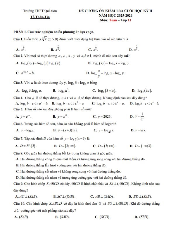 Tài liệu đề cương cuối học kỳ 2 toán 11 năm 2025 – 2026 trường thpt quế sơn – đà nẵng