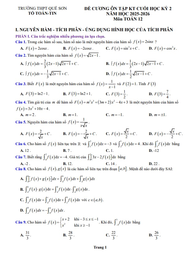 Tài liệu đề cương cuối học kỳ 2 toán 12 năm 2025 – 2026 trường thpt quế sơn – đà nẵng