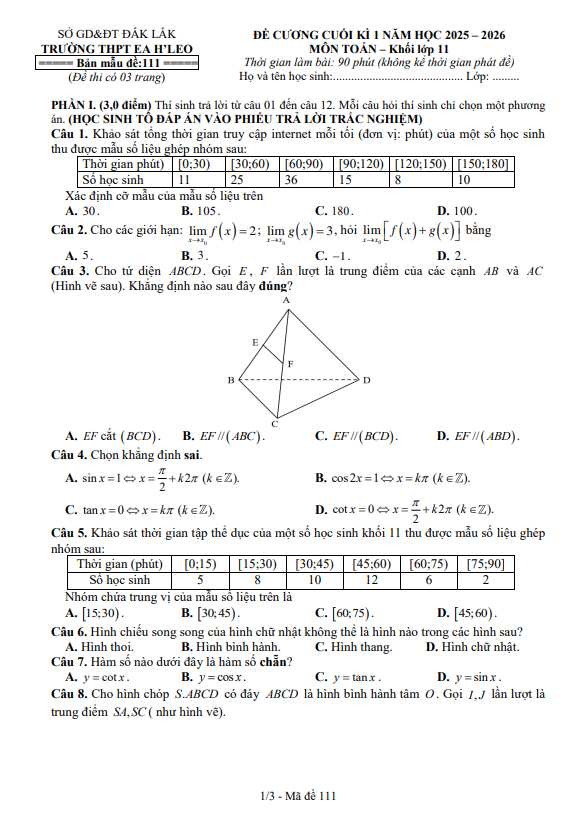 đề cương cuối kì 1 toán 11 năm 2025 – 2026 trường thpt ea h’leo – đắk lắk