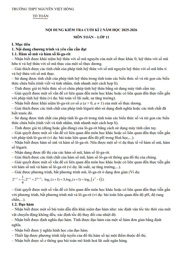 Tài liệu đề cương cuối kì 2 toán 11 năm 2025 – 2026 trường thpt nguyễn việt hồng – cần thơ