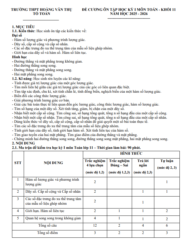 đề cương cuối kỳ 1 toán 11 năm 2025 – 2026 trường thpt hoàng văn thụ – hà nội