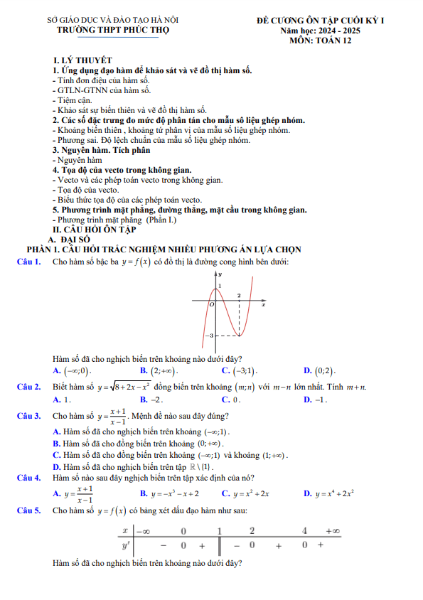 đề cương cuối kỳ 1 toán 12 năm 2024 – 2025 trường thpt phúc thọ – hà nội
