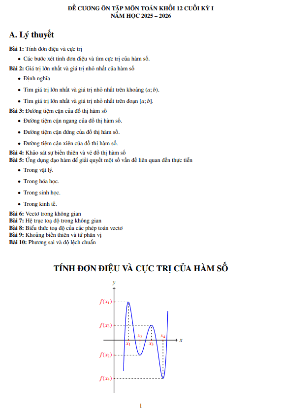 đề cương cuối kỳ 1 toán 12 năm 2025 – 2026 trường thpt đức trọng – lâm đồng