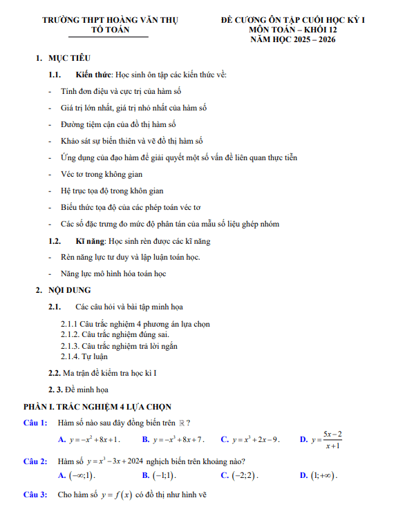 đề cương cuối kỳ 1 toán 12 năm 2025 – 2026 trường thpt hoàng văn thụ – hà nội